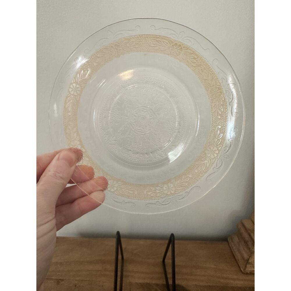 Vintage MacBeth-Evans Stippled Rose Clear Amber Band Saucers 5.75"